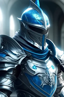 Holy knight in silver and blue armor with a blue headband