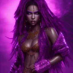 full body shot, masterpiece, best quality, black skinned, sparkling eyes, fluorescent skin,purple-dark makeup, gangsta style , highly detailed body, sun light, 4K, RAW, depth of field, high contrast, realistic details, 24mm