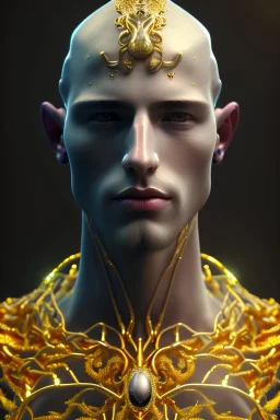 photo realistic youthful male Dryad , handsome, shaved head, bald, cheek bones, soft gold eyes, slim physique, octane render, raised detail, metalics, high resolution, insane details, luminous, shiny 3d intricate filigree bracelets, shiny 3d intricate filigree necklace, raised details, metalics, sparkling, branches, leaves, twigs, shadows, depth of field, 8k