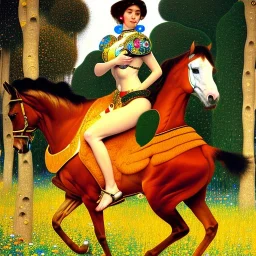 fullbody portrait of beautiful busty amazon woman riding a horse by Gustav Klimt 8k