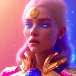 A portrait of a crystalised blue pink extraterrestrial, gold, diamonds, sunny background, atmospheric, realistic, unreal engine, 8k. Cinematic lighting, octane render.