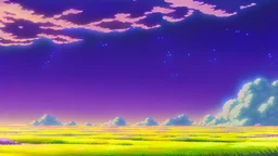 floating ruins of an asian village with purple sky full of stars, sunflower field, anime, high res, makoto shinkai