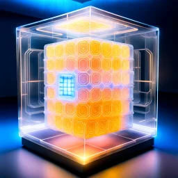 a futuristic translucent neurocube, inside the cube there are partitions made of honeycomb plates