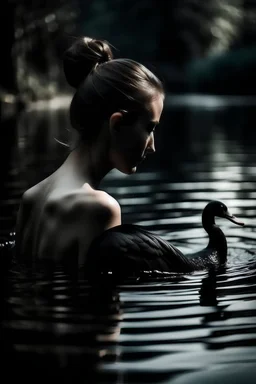 Black swan in human shape in the water looking at her back