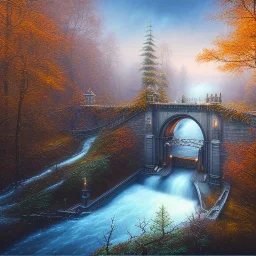 spray painted fantasy art, book illustration,the stairs of a bridge or dam in magical forest,autumn icy water, on the bridge,evening, birds eye view