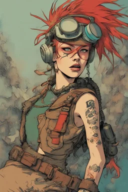 In the dimly lit cavern of the underground bunker, Tank Girl stood as a vibrant and untamed force of nature. Her appearance was a riot of color and defiance, a living embodiment of the underground spirit. Tank Girl's hair, a shock of wild crimson and turquoise, cascaded around her like a cascade of fire, defying gravity with its unruly exuberance. Her piercing eyes, a kaleidoscope of mischief and rebellion, sparkled with a manic energy that could ignite a room. She wore a hodgepodge of garments,