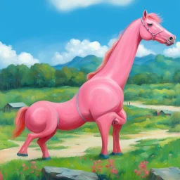 Big pink plastic toy horse.19th painting