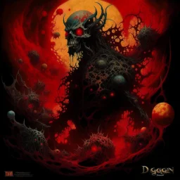 Dagon, Called through lunar spheres Great dreamer malevolent royalties, Album cover (text "SULPHUR AEON" in spikey Death_Metal font1.7), Kirby Krackle, dramatic double exposure silhouette, Lovecraftian, watercolor and ink, airbrushed details, complex contrast, UV reactive red hues, dynamic composition, macabre, by Dave McKean and Aeron Alfrey