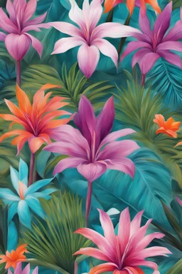 a tileable wallpaper pattern of closeup giant exotic flowers in a tropical jungle with various palms and foliage paint like henri mattisse in oil pastel paint ink paint and pencil paint in hues of pink purple teal blue green orange and a touch of black and white make painting simple use dry brush strokes