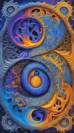 yin-Yang symbol, hyper detailed, photorealistic, hyper detailed, hyper defined, orange, azul, purple, yellow, DMT art