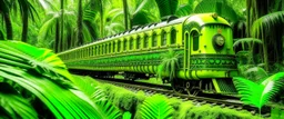 A train in a lime green jungle designed in ancient Egyptian hieroglyphics