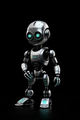 a baby robot with money in the black background