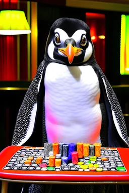 photo of a penguin playing cards at a casino, not a cartoon