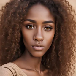 Long curly hair, almond-shaped eyes, Sudanese color, thick eyebrows, oval face, somewhat long neck, long nose, medium, full lips at the bottom, wheat skin.