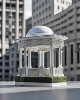 intricate minimalist porcelian figurine of the vacant street kiosk, circa 2000, 7cm height, solid, flat roof, one-story, one-room, silver mean composition, hyperdetailed, sophisticated, intricate details, contemporary urban art gallery, minimalism, product-focused