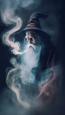 old wizard disappearing into thick smoke