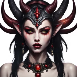 Realistic picture of a teenage demon, with demon horns as part of her head, high cheek bones, very wide mouth