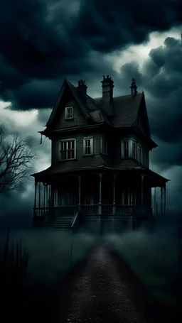 a creepy haunted house, the atmosphere of a HORROR FILM, dark clouds