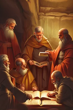 Several Christian priests of the 1st century AD are sitting in a cave and actively arguing and gesticulating, each holding a scroll of Ancient Scripture, on a wooden table in front of them there are many ancient scrolls, all painted with oil paintings in high resolution, in 8k.