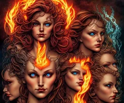 Four doll divine representing each one the four elements: Fire: Earth: Air: Water. Mark Brooks and Dan Mumford, comic book art. Detailed photograph. Insanely intricate face, hair soft. Fantasy art album cover HD resolution