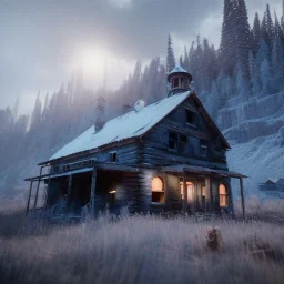 abandoned Ghosttown Goldmine Buildings in the mountains, winter