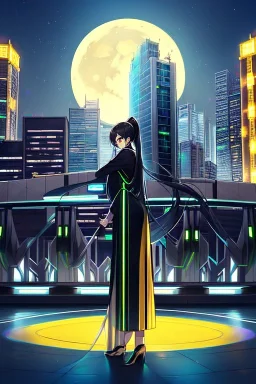 girl, masterpiece, best quality, cinematic lighting, detailed outfit, perfect eyes, black hair, golden eyes, long hair, ponytail, girl standing in a modern cityscape at night with a bright yellow moon in the background, detailed cityscape illustration, neon lights, vibrant colors, dramatic lighting,