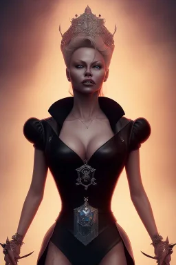 Pamela Anderson as evil queen in black leather, leather, busty, cleavage, angry, stern look. character design by cory loftis, fenghua zhong, ryohei hase, ismail inceoglu and ruan jia. unreal engine 5, artistic lighting, highly detailed, photorealistic, fantasy