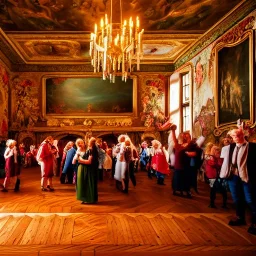 Celebration in a schloss, austrian people, ledherhosen, Austrian aesthetic, warm colors, wooden floor, forest green walls, chiaroscuro, 8k, HD, cinematography, photorealistic, Cinematic, Color Grading, Ultra-Wide Angle, Depth of Field, hyper-detailed, beautifully color-coded, insane details, intricate details, beautifully color graded, Cinematic, Color Grading, Editorial Photography, Depth of Field, DOF, White Balance, 32k, Super-Resolution, Megapixel, ProPhoto RGB, VR, Halfrear Lighting