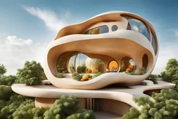 organic fruit-shaped house embedded into the sky, architectural photography, style of architecture, modernist architecture, warm sunlight, photo real, real photography