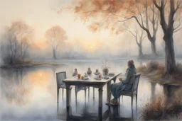 loggia, breakfast table, Sunrise on a misty morning. over a misty pond in the hieght of fall. Watercolour by Alison Brady. Pastel colours Arthur Rackham Gothic Watercolour Jean-Baptiste Monge Ernst Haeckel Minimalist Kay Sage watercolour art