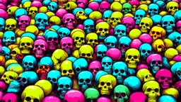 a field of 1000s of cartoonish, anatomically correct, skulls, vivid RANDOM BRIGHT neon colors, dark comedy, well lit, high detail, photorealistic, horrorcore, fun, scary, none featured, each a different color or hue,