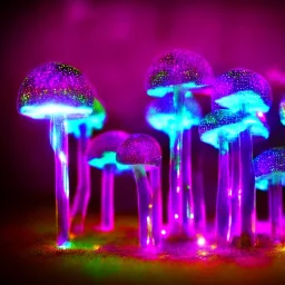 glass mushrooms with glowing plasma neon sparkles, astral forest, night, cinematic lighting