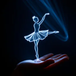 3d light hologram of a ballerina in arabesque pose made entirely out of light beams projected above an open palm of an outstretched hand, shimmering translucent electric glowing lines, contoured 3D hologram line art,