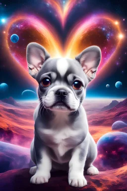 large eyed happy puppy grey frenchton in the distance a colorful intricate HEART shaped planet similar to earth in a brig ażht nebula, sparkles, cinematic lighting, vast distances, swirl, fairies, magical darkness, sharp, depth, jellyfish, cinematic eye view