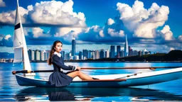 1 girl makeup wearing victorian top and pants and pretty boots rowing a sailing boat in sea ,modern city of 2040 ,pretty clouds in blue sky,city looks at camera escape.at distant, wavy water