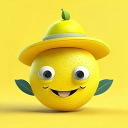 A lemon has eyes, legs, nose, and mouth, and it is smiling, cute, and beautiful, wearing a hat.