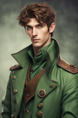 handsome elf man of twenty years old, with brown eyes, short brown hair, dressed in a steampunk style green trench coat.