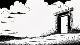 broken wooden door, anime, monochrome, black background, ink, simple, maximum quality, broken hinge, barely functioning, centered on frame, far view, in the middle of a grassy hill, white sky with cumulonimbus