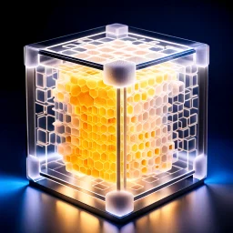 a futuristic translucent neurocube, inside the cube there are partitions made of honeycomb plates