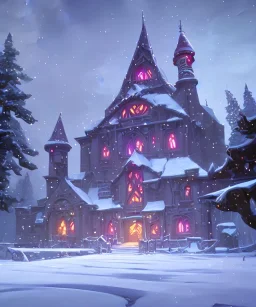 A magical snowy warlock castle in Christmas