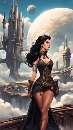 exotic sci-fi steampunk pin-up girl, with long dark hair, on an sci-fi planet with cloud trees, tall spires, buildings, bridges, arches