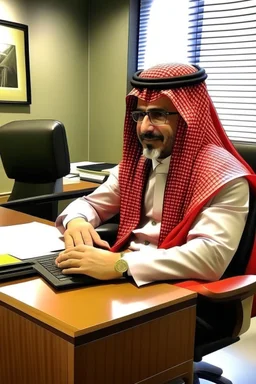 A Saudi lawyer wearing a modern red Saudi shemagh and headband sat at a law office