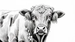 Detailed pencil drawing of a fluffy cow, inspired by Albrecht Dürer's animal studies, intricate shading and texture, realistic yet whimsical style, black and white with pops of color in the flowers around the cow's neck.