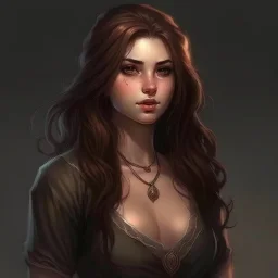 pretty girl, aged 19, brown hair, conventionally attractive, curvy, tight top, fit, necromancer, realism