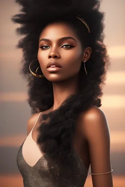 A black woman with silky curly long hair, fantasy setting, ethereal, soft lighting