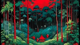 A blackish red savage jungle at nighttime designed in Chinese paper art painted by Utagawa Hiroshige