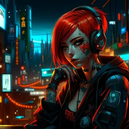 Darksynth,horror,Judy Alvarez,anime cyberpunk girl, eye shadows, arasuka, cyberpunk night city, piercing, gang tatto, red hair