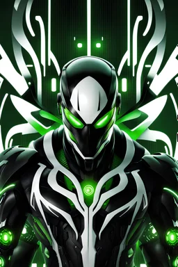 Cyborg symbiote, white color, green color, tendrils, high tech, cyberpunk, biopunk, membrane wings, carbon fiber, cyber tentacles, and the other two.