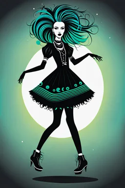 Create a wild, imaginative, whimsical and surreal dancing goth punk girl in the vector graphic style of Nirak1utilizing simple shapes and vibrant colors