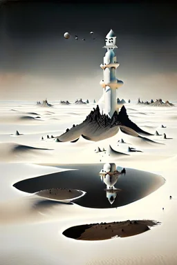 White desert sands with black tower surrounded by floating islands